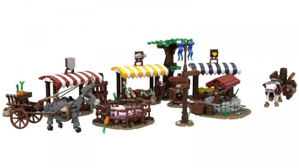 Średniowieczne stragany na rynku miejskim zamiennik LEGO