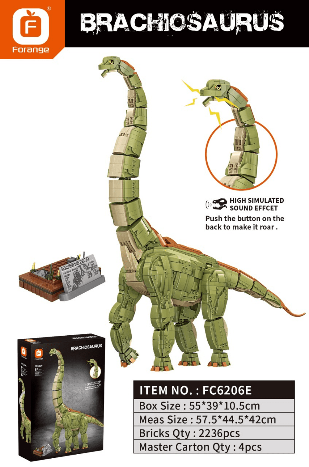 Brachiozaur z klockiem dźwiękowym Forange kompatybilne z LEGO